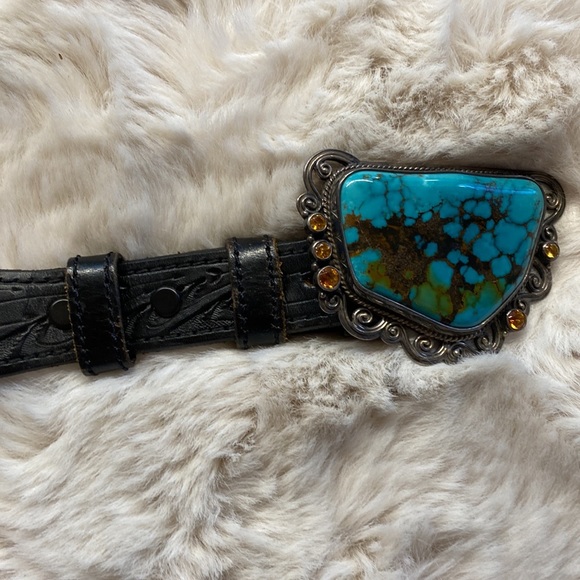 Signed Mona Van Riper Turquoise & Sterling Silver Belt Buckle & Leath… main image 8